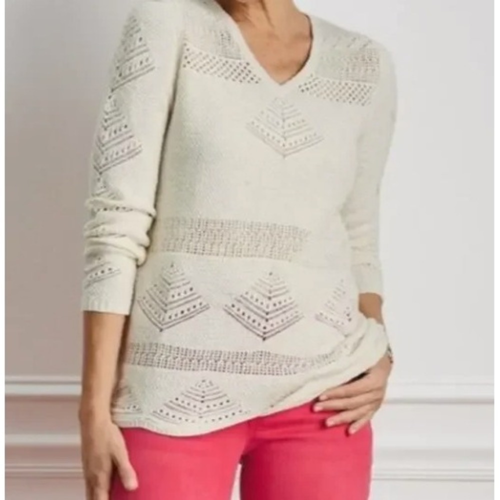Soft Surroundings Ivory Crochet Knit V-Neck Sweater Scalloped Hem 20081 Womens M